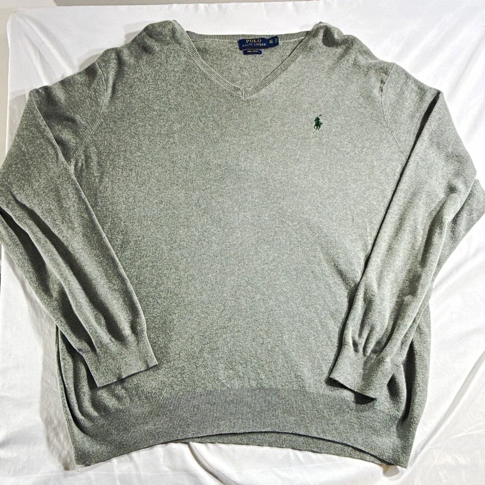 Polo Ralph Lauren Mens Gray Pima Cotton V-Neck Logo Pullover Sweater XLT Tall